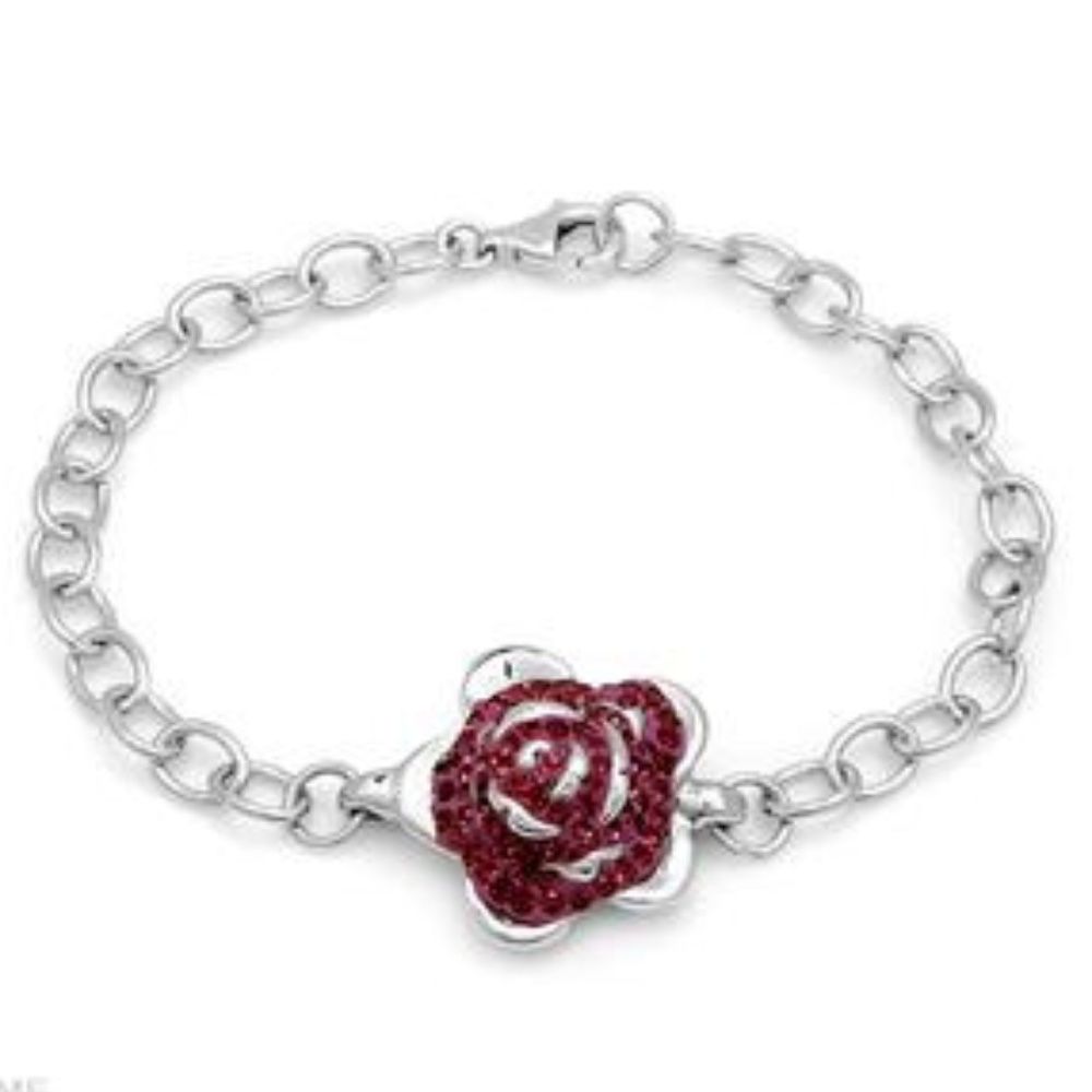 DESIGNER ROMANTIC ROSE PURPLE CRYSTALS SOLID .925 STERLING SILVER BRACELET**NEW!
